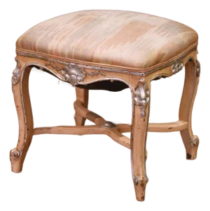 Mid-Century French Louis XV Painted Stool With Carved Shells and Stretcher Base