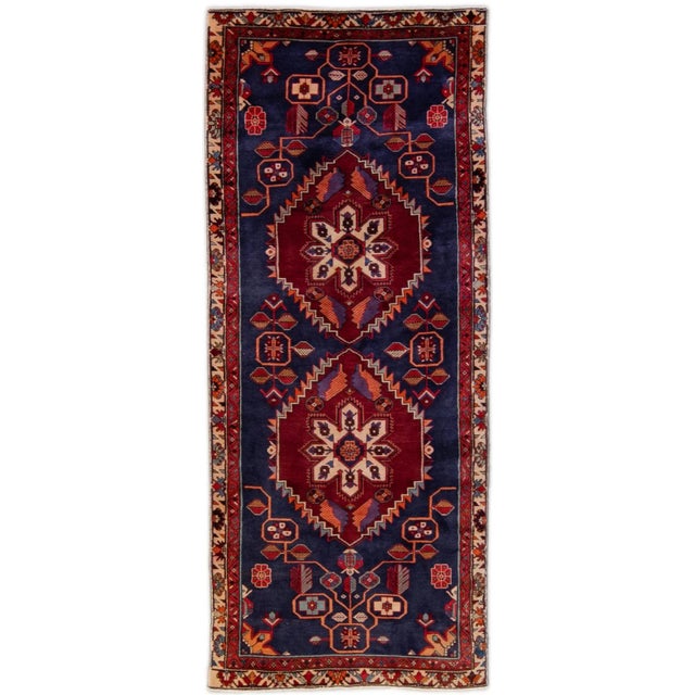 Vintage Hamadan Handmade Blue and Red Medallion Rug For Sale - Image 10 of 10