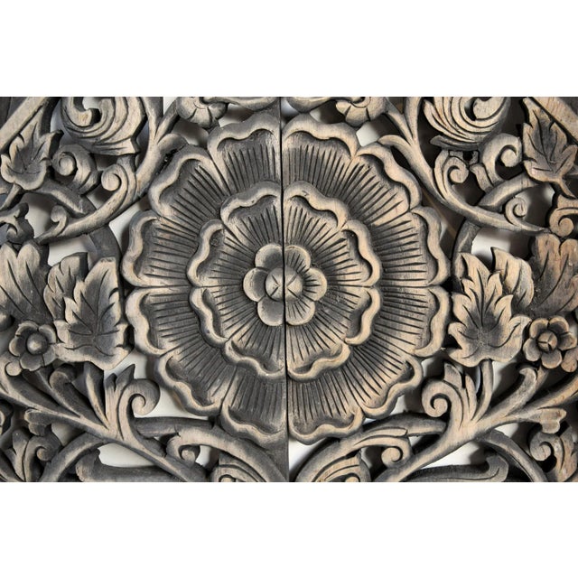 Hand carved teak panels are traditionally made by Burmese artisans with intricate floral designs and antiqued two tone...