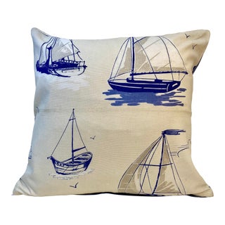 Contemporary Square Pillow With a Blue Sailboat Print - Made in U K For Sale