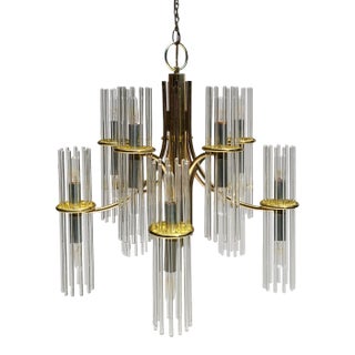 20-Light Brass Arm Chrome Accent Glass Rod Chandelier by Gaetano Sciolari for Lightolier For Sale