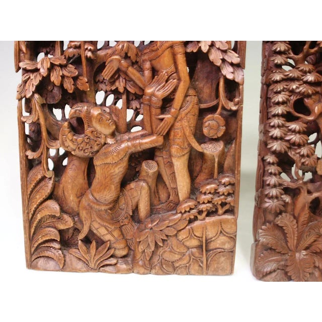 Balinese Hand Carved Wood Sculptural Wall Panels, Rama & Sita From the Ramayana Epic Saga, Three Dimensional For Sale - Image 4 of 12
