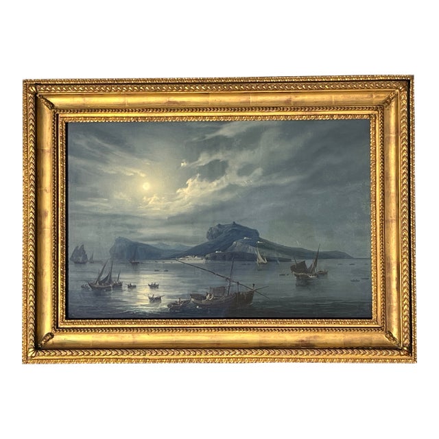 1900 Large Italian Neopolitan Gouache Painting Bay of Naples in Gilt Frame For Sale