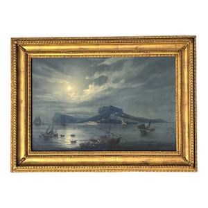1900 Large Italian Neopolitan Gouache Painting Bay of Naples in Gilt Frame