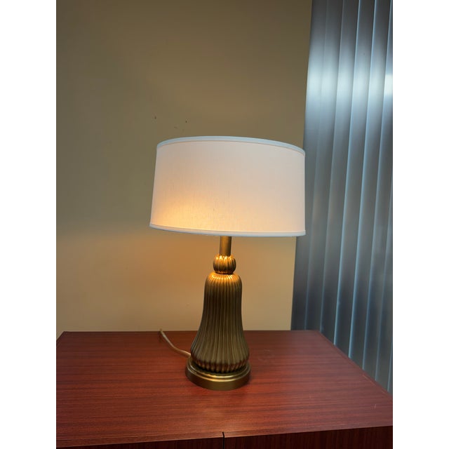 2000 - 2009 Art Deco Fluted Brass Table Lamp With Linen Shade For Sale - Image 5 of 8