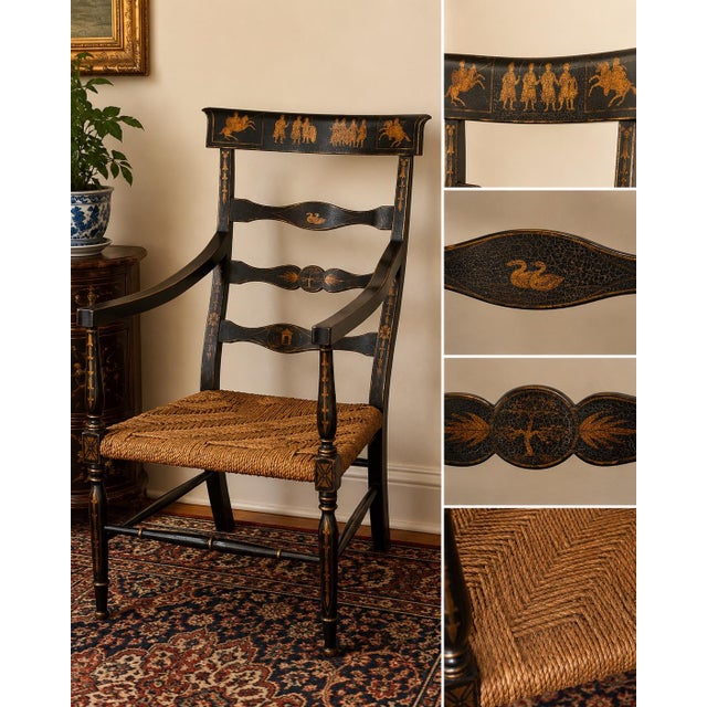 Elegant English Regency-style armchair featuring a beautifully distressed black crackle finish with hand-stenciled gilt...