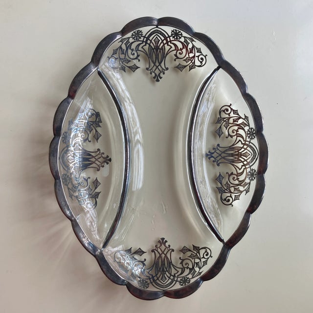 1960s Vintage Art Deco Style Sterling Silver Overlay Glass Divided Dish For Sale - Image 5 of 6