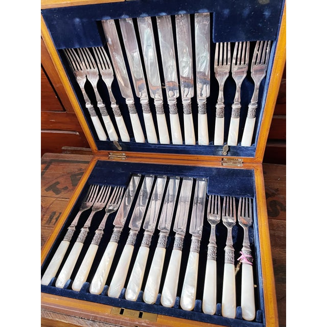 Antique Mother of Pearl and Silver Plated Flatware Service for 12 For Sale - Image 4 of 6