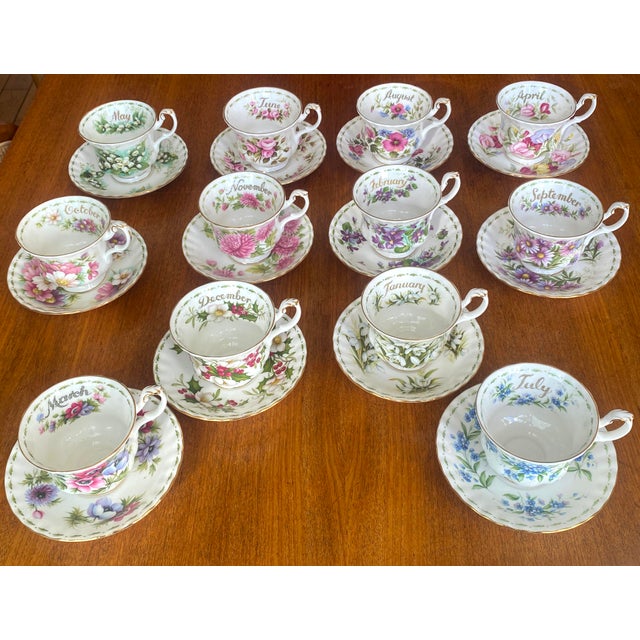 Green English Porcelain Tea Service with Flower of the Month Pattern from Royal Albert, England, 1970s, Set of 24 For Sale - Image 8 of 8