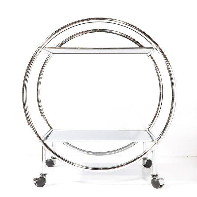 Art Deco Style Round Form Tubular Two-Tier Bar Cart in Chrome and Smoked Mirror For Sale - Image 13 of 13