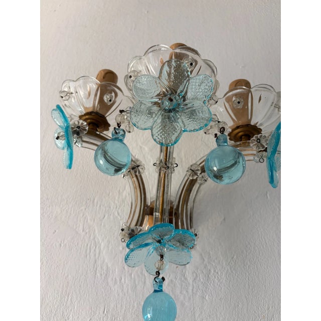 C 1930 Rare Pair Aqua Blue 3 Lights Murano Flowers Crystal Sconces One of Kind For Sale - Image 9 of 12