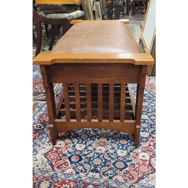 1990s Mission Style Oak Bomber Leather Window Bench For Sale - Image 4 of 10