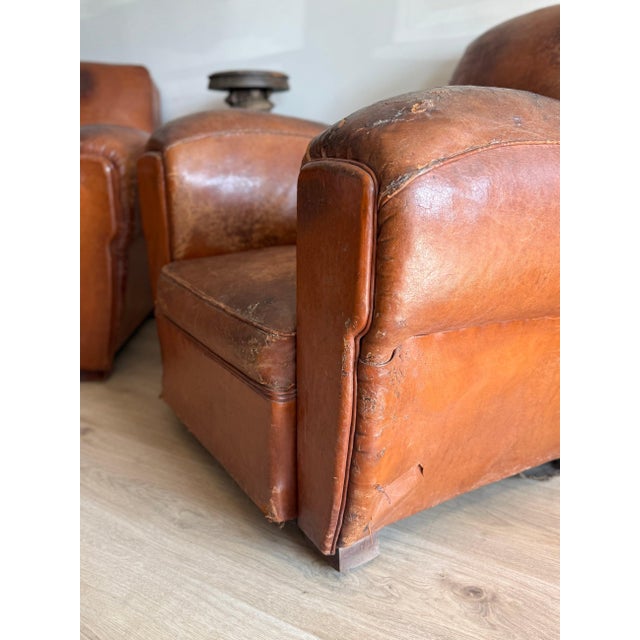 Animal Skin Pair of Two Vintage Oversized French Leather Club Chairs For Sale - Image 7 of 18
