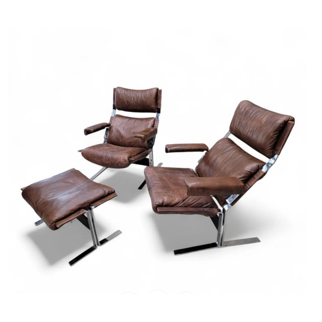 Mid-Century Modern Mid Century Modern Brown Leather and Chromium Lounge Chairs and Ottoman Attributed to Richard Hersberger For Sale - Image 3 of 11