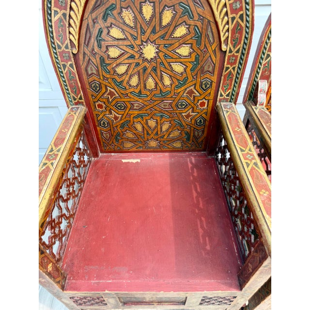 Vintage Moroccan Hand-Painted Carved Wood Throne Chairs - Pair For Sale - Image 18 of 18
