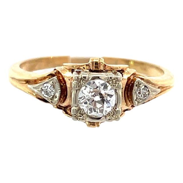 Antique 14k Two Tone Gold Diamond Ring, Size 6.25 For Sale
