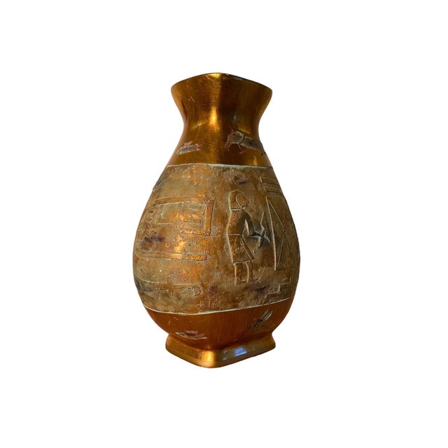 African Vintage Egyptian Amphora Etched Hieroglyphics Hi-Sheen Golden Glazed Porcelain Vase Reproduction For Sale - Image 3 of 6