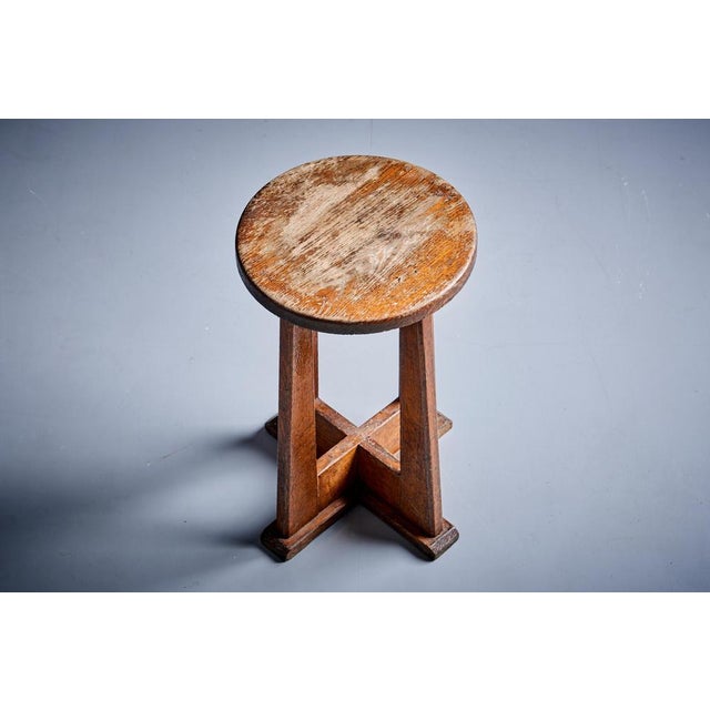 Henry Jacques Le Même Oak Stool, France - 1940s in Fair Original Condition. This piece is attributed to the mentioned...