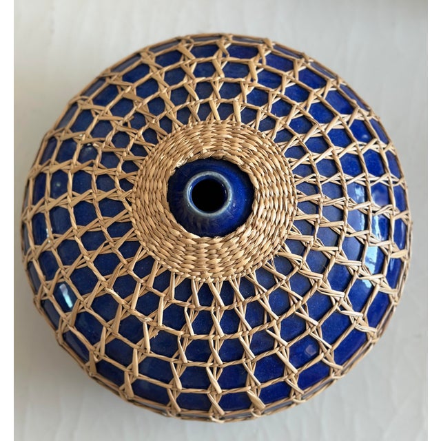 Serena & Lily Vintage Seagrass Rattan Wrapped Cobalt Ceramic 12" Pottery For Sale - Image 4 of 8