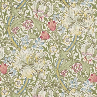 Morris & Co Golden Lily Wallpaper in Green/Red For Sale
