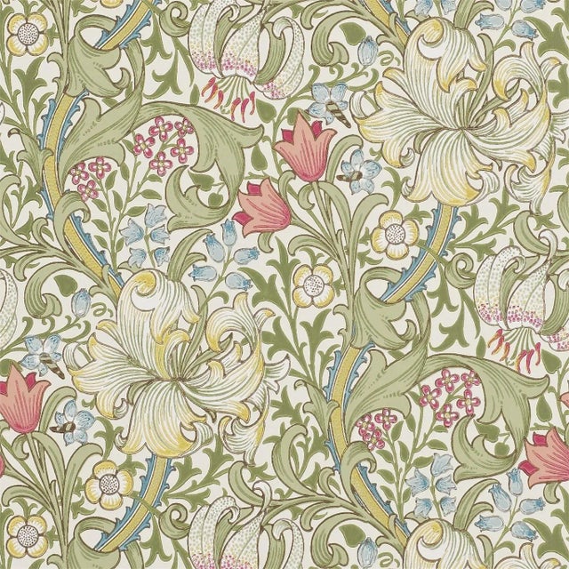 Morris & Co Golden Lily Wallpaper in Green/Red For Sale