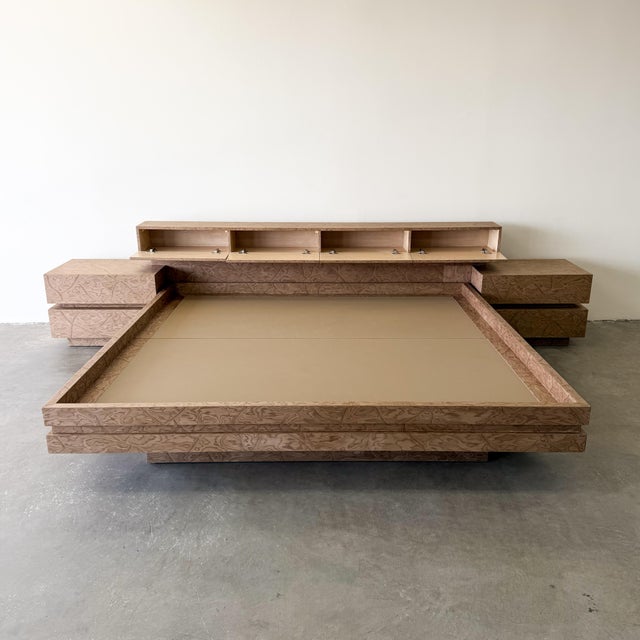 1980s Vintage Postmodern 1980s Burlwood King Platform Bed & Nightstands For Sale - Image 5 of 12