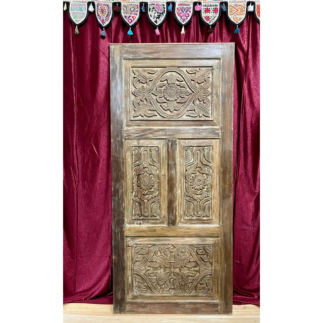 Mid-Century Modern Ornate Vintage Carved Barn Door | Reclaimed Wood Statement Door Panel 80x36 For Sale - Image 3 of 4