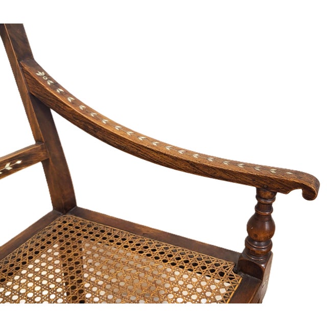 Antique English Anglo - Indian Carved & Inlaid Caned Seat Desk Armchair For Sale - Image 13 of 18