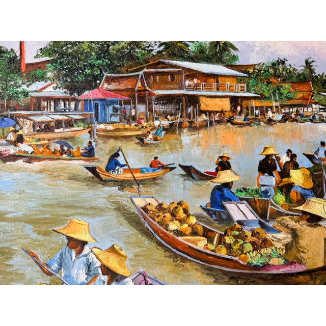 Mid-Century Modern 1970's Vintage Asian Floating Market Oil on Masonite Painting by Sam Ruey For Sale - Image 3 of 11