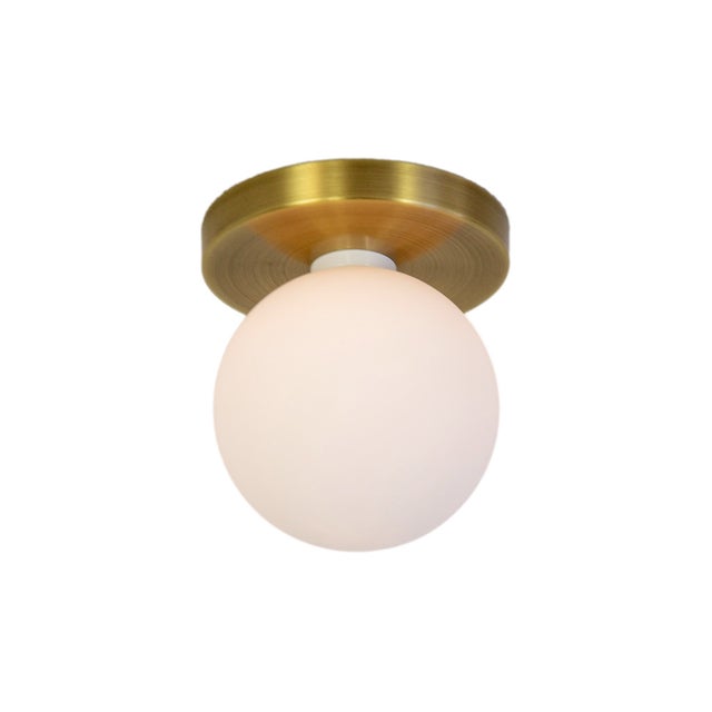 Metal Globe Flush Mount Brushed Brass, 5 Inch Glass Globe, by Research.Lighting, Modern, Minimal For Sale - Image 7 of 8