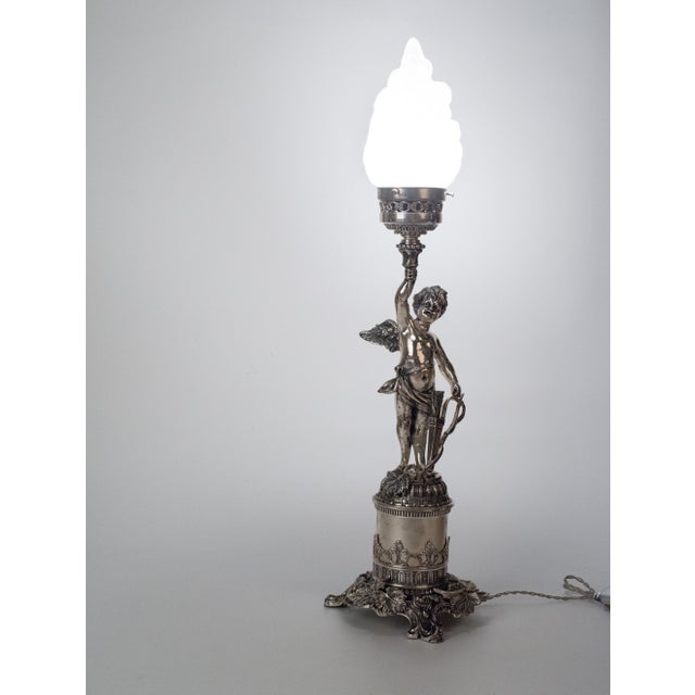 1950s Spanish Empire Silver-Plated Cast Brass Cupid Cherub Lamp With Scavo Flame Shade For Sale - Image 13 of 13