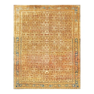 1900s Tan Camel Geometric N. Indian Agra Rug 9' X 11'4" Knotted Wool Carpet For Sale