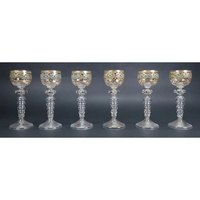 Set of 6, Art Deco ,circa 1920, hand blown and decorated vine glasses, Venice., Italy 7.5 in. H 2.5 in. W Very rare. Unique