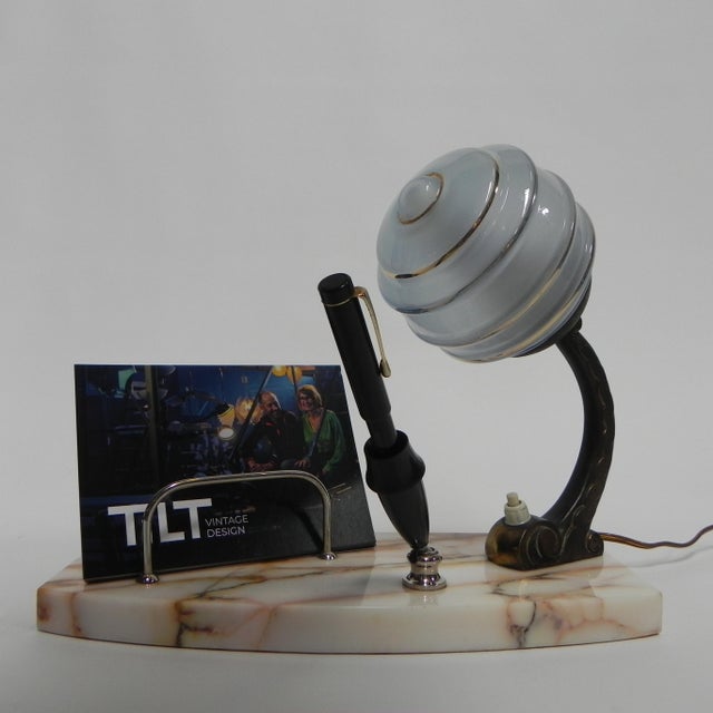 Art Deco Marble, Glass, and Steel Desk Lamp with Pen and Letter Holder, 1930s For Sale - Image 11 of 18
