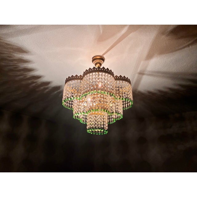 Vintage Crystal Tiered Flush Mount Chandelier With Green Crystal Accents - Restored For Sale - Image 14 of 18