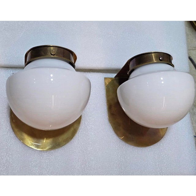 Glass Pair Vintage Art Deco Light Old Lamp Wall Sconces Fixture Brass & Milk Glass Shade Lamp Ship Light For Sale - Image 7 of 8