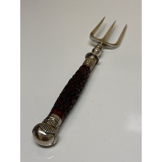 Antique Exquisite English Horn Handled Sterling Silver Toast Fork - Heavy and Hallmarked For Sale - Image 9 of 12