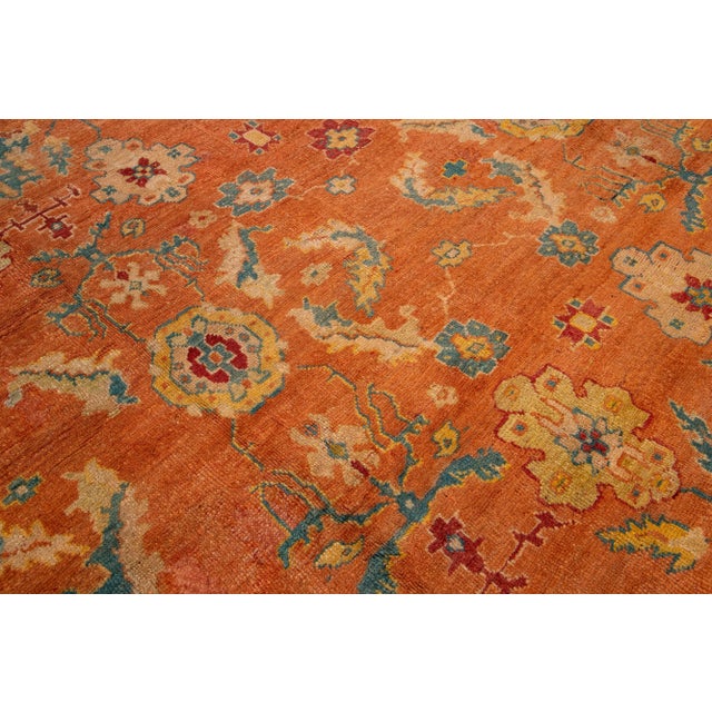 Orange and Blue Antique Turkish Oushak Wool Rug Handmade From the 1880s For Sale - Image 9 of 9