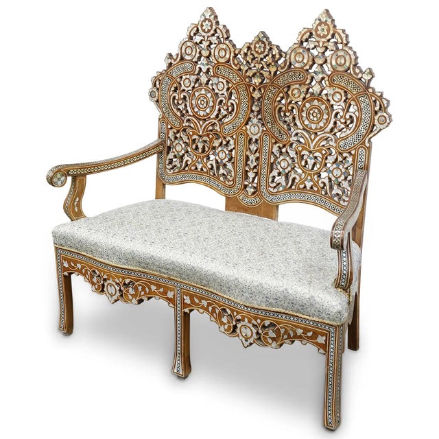 1900 - 1909 Antique Moroccan Love Seat Inlaid & Pair of Chairs For Sale - Image 5 of 10