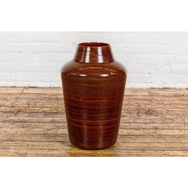 Ceramic Artisan Brown Glaze Vase with Black Concentric Motifs and Tapering Lines For Sale - Image 7 of 12