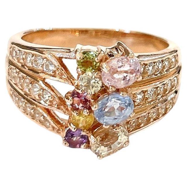 Bochic “Orient” Green Amethyst & Fancy Multi Gem Cluster Ring 18K Gold & Silver, Size 7 For Sale