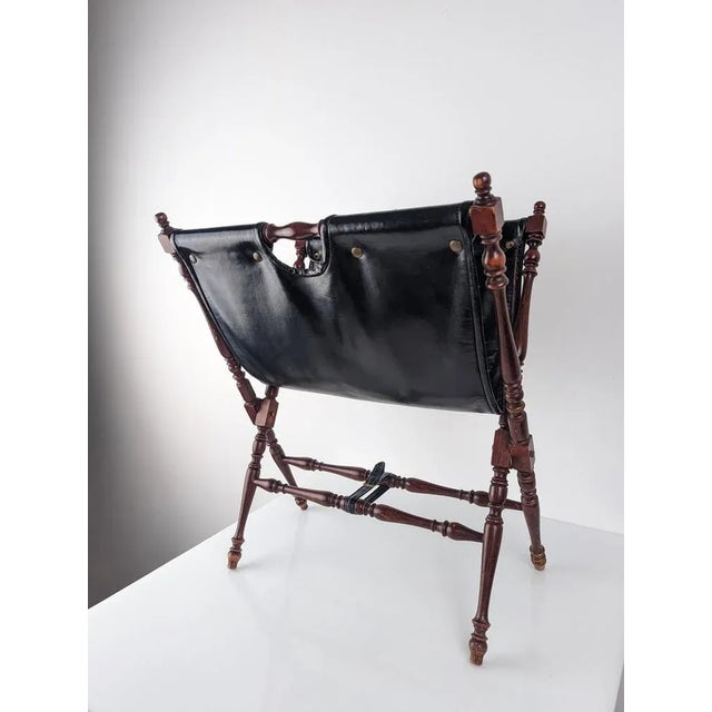 Black Black Leather And Turned Wood Folding Magazine Rack, 1930s For Sale - Image 8 of 8