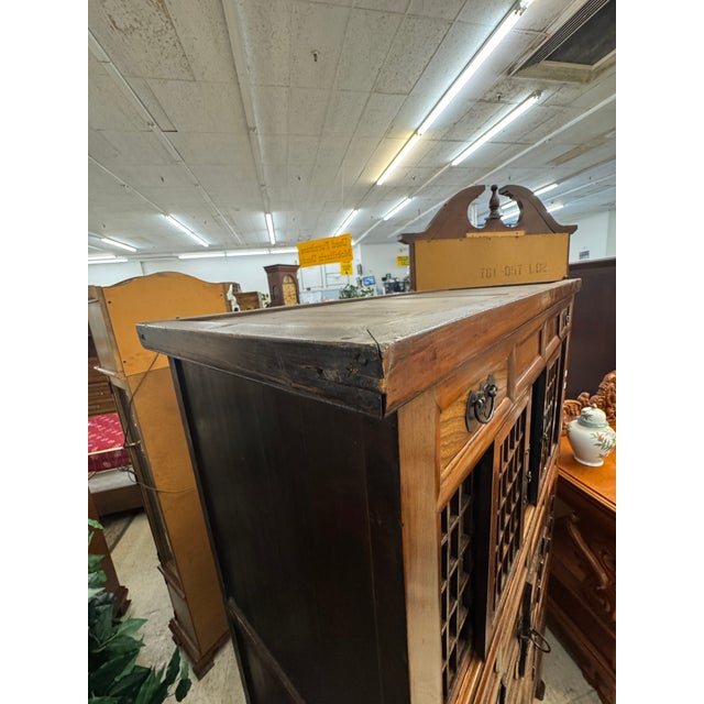 Vintage Korean-Style Wooden Storage Tansu Cabinet With Lattice Doors & Iron Hardware For Sale - Image 11 of 12