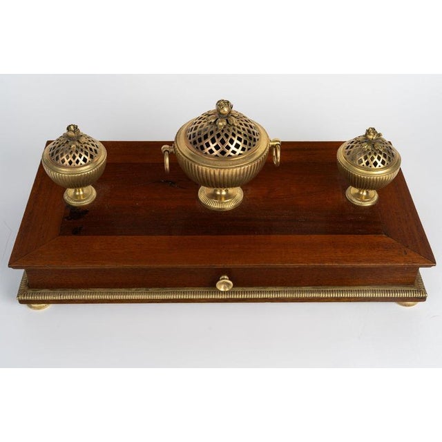 Mahogany and gilded bronze inkwell, 19th century, napoleon iii period. Gilded bronze and mahogany inkwell, 19th century,...