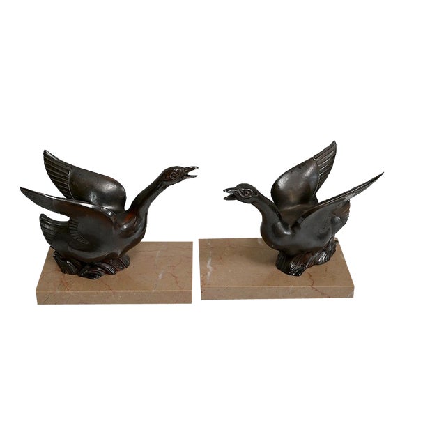 Patinated Metal and Marble Swan Bookends, 1930s-1940s, Set of 2 For Sale