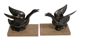 Patinated Metal and Marble Swan Bookends, 1930s-1940s, Set of 2
