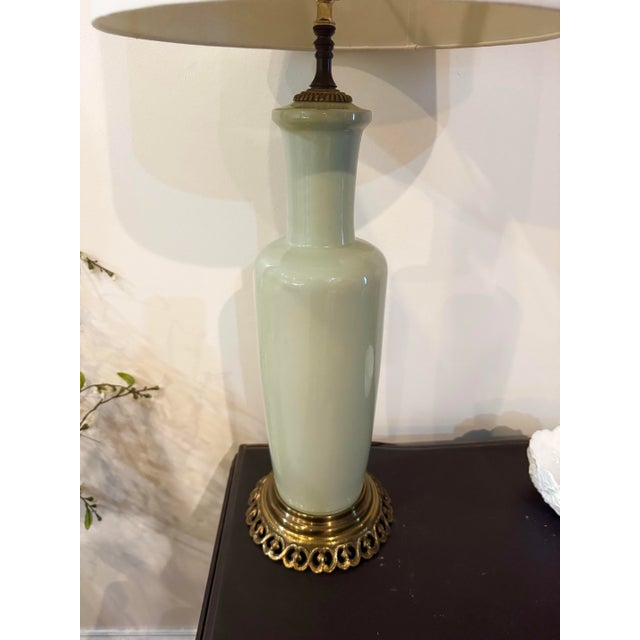 Mid-Century Paul Hanson Celadon Glazed Ceramic Table Lamp - Solid Cast Brass Base For Sale - Image 9 of 12