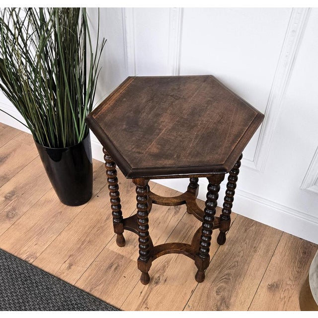 Brown Italian Hexagonal Black Walnut Side Table with Bobbin Turned Legs, 1890s For Sale - Image 8 of 9