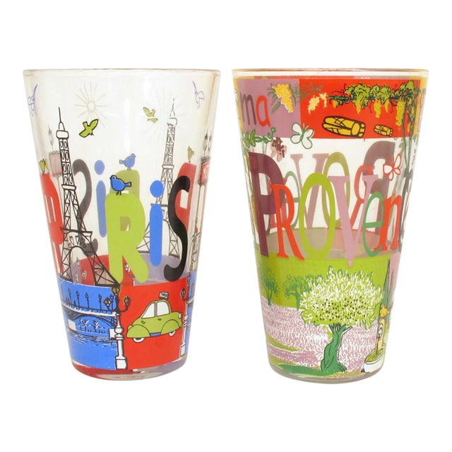 Cerve Provence Paris France Decorated Drinking Glasses Made in Italy - Set of 2 For Sale