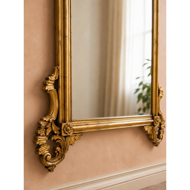 Hollywood Regency 1975 Italian Hollywood Regency Giltwood Wall Mirror | Hand-Carved Gold Frame | 54” Tall For Sale - Image 3 of 6
